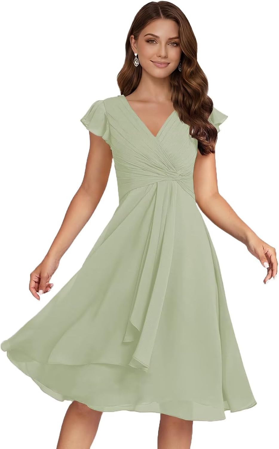 Short Chiffon Bridesmaid Dresses for Women V Neck Flutter Sleeves Ruffle Formal Cocktail Gowns with Pockets