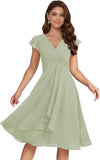 Short Chiffon Bridesmaid Dresses for Women V Neck Flutter Sleeves Ruffle Formal Cocktail Gowns with Pockets