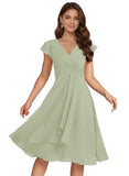 Short Chiffon Bridesmaid Dresses for Women V Neck Flutter Sleeves Ruffle Formal Cocktail Gowns with Pockets