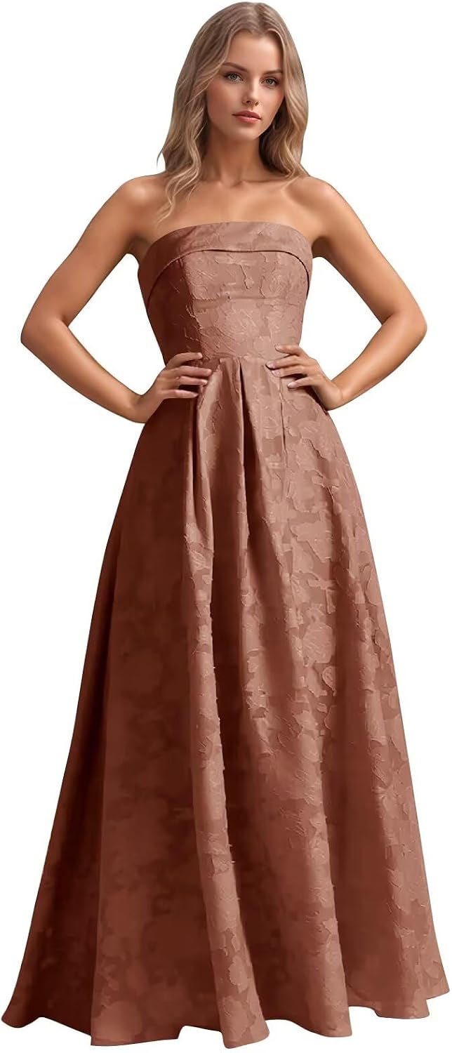 Jacquard Floral Prom Dresses Strapless Maxi Evening Gowns A-Line Ruched Formal Party Dress Elegant
