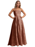 Jacquard Floral Prom Dresses Strapless Maxi Evening Gowns A-Line Ruched Formal Party Dress Elegant
