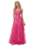 Spaghetti Strap Sparkly Prom Dress for Women Long Tulle Lace Formal Dress Laces Evening Party Gown