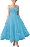 Women's 3D Flower Off Shoulder Tea Length Whimsical Prom Dress, A Line Strapless Tulle Formal Evening Party Gown