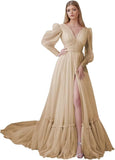 Puffy Sleeve Tulle Prom Dresses Long Ball Gown with Slit for Women 2027 V Neck Long Formal Evening Gowns