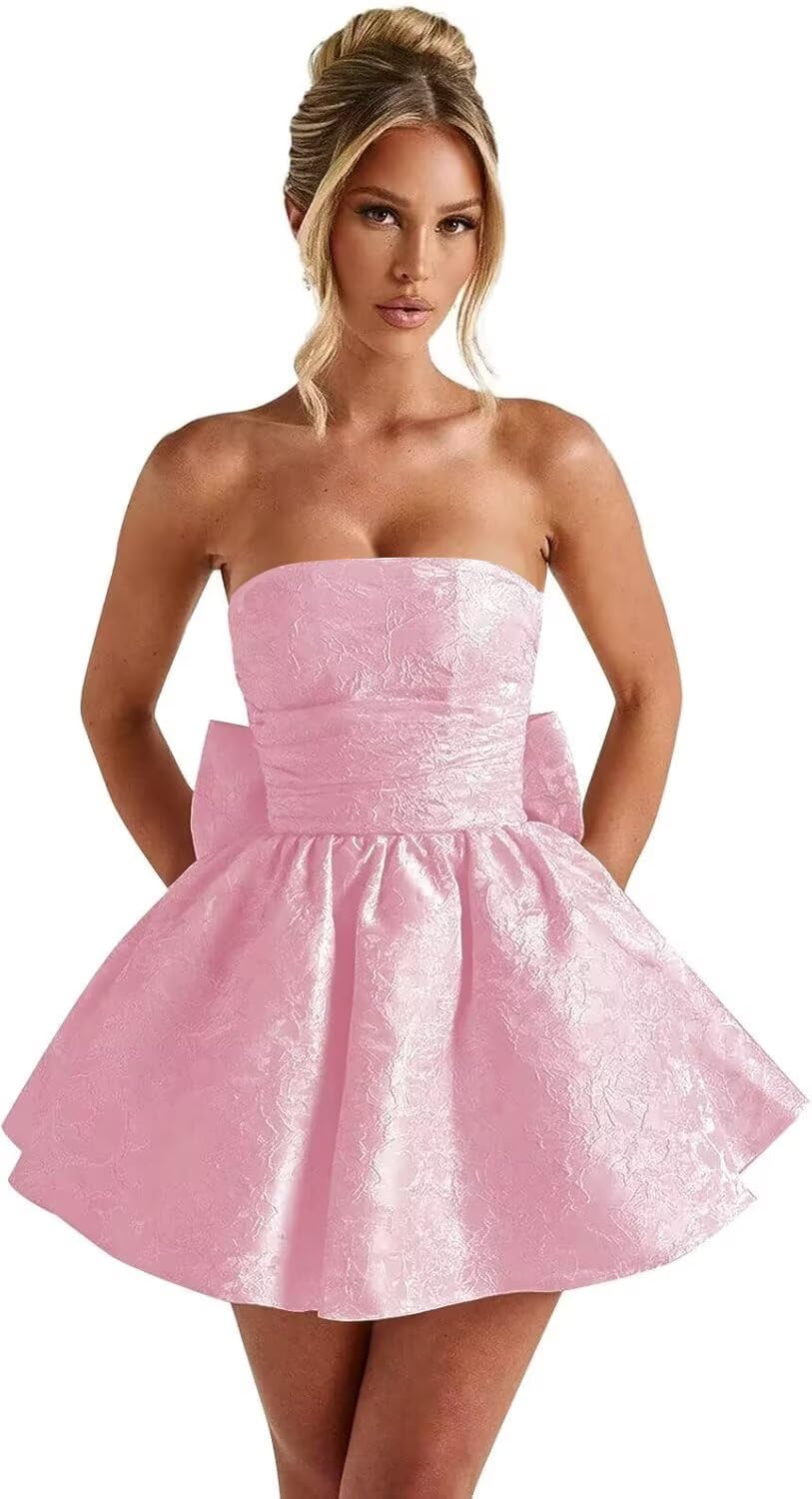 Strapless Satin Homecoming Dresses for Teens 2027 Jacquard A-line Short Prom Cocktail Gowns with Bow