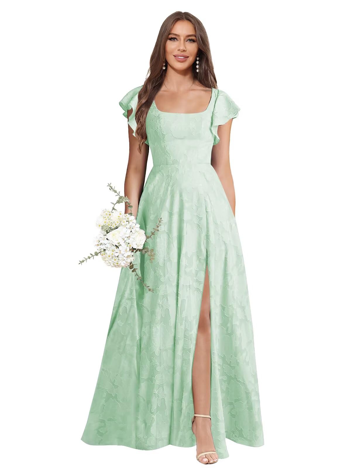 Floral Bridesmaid Dresses for Women Long A-Line Square Neck Lace Formal Evening Gown with Sleeves Slit