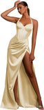 Women's Satin Halter Prom Dresses with Slit Ruched Long Corset Formal Evening Party Gown