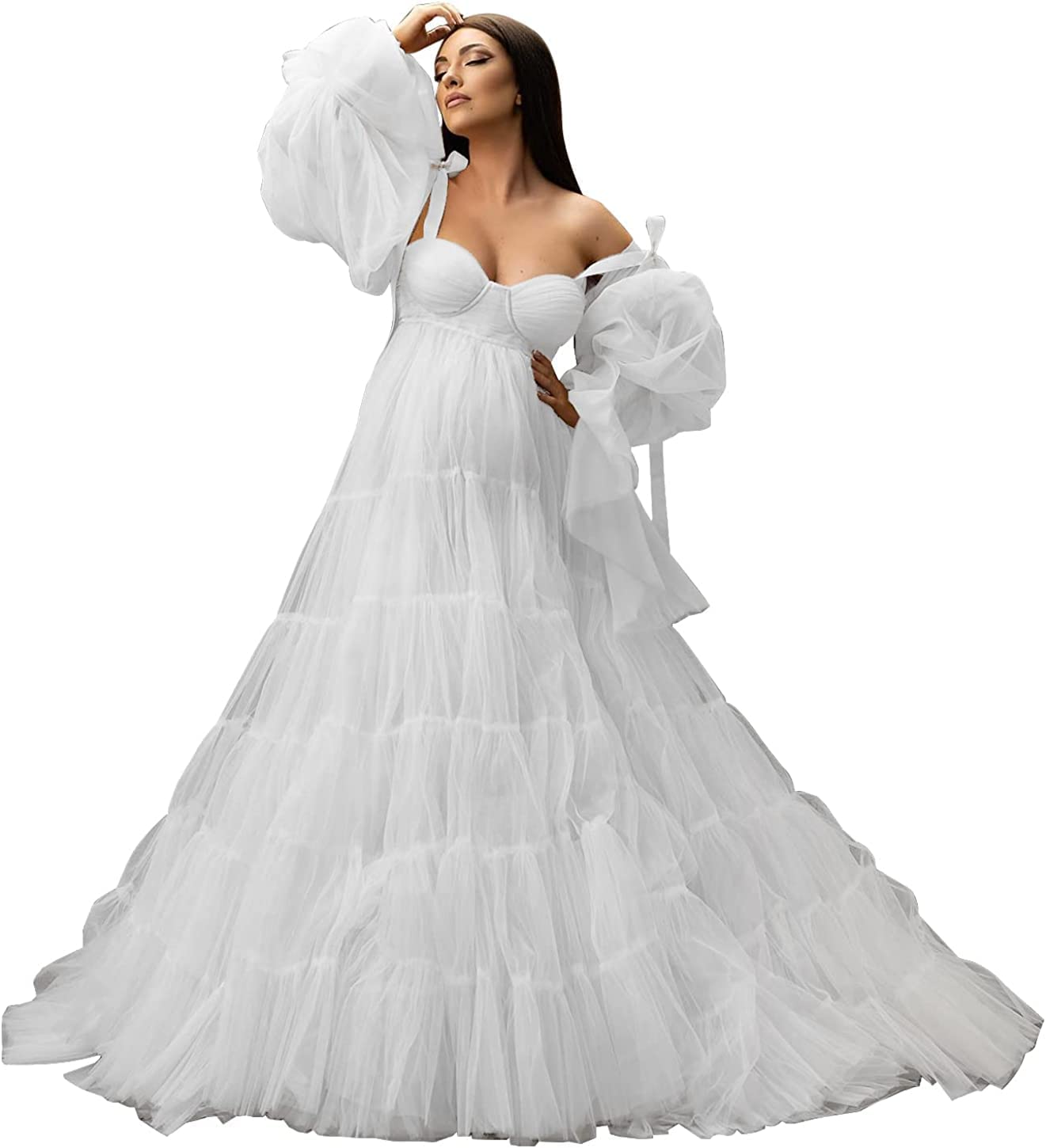 Womens Tulle Robe Maternity Dress for Photoshoot Off Shoulder Bridal Lingerie Maternity Gowns for Babyshower