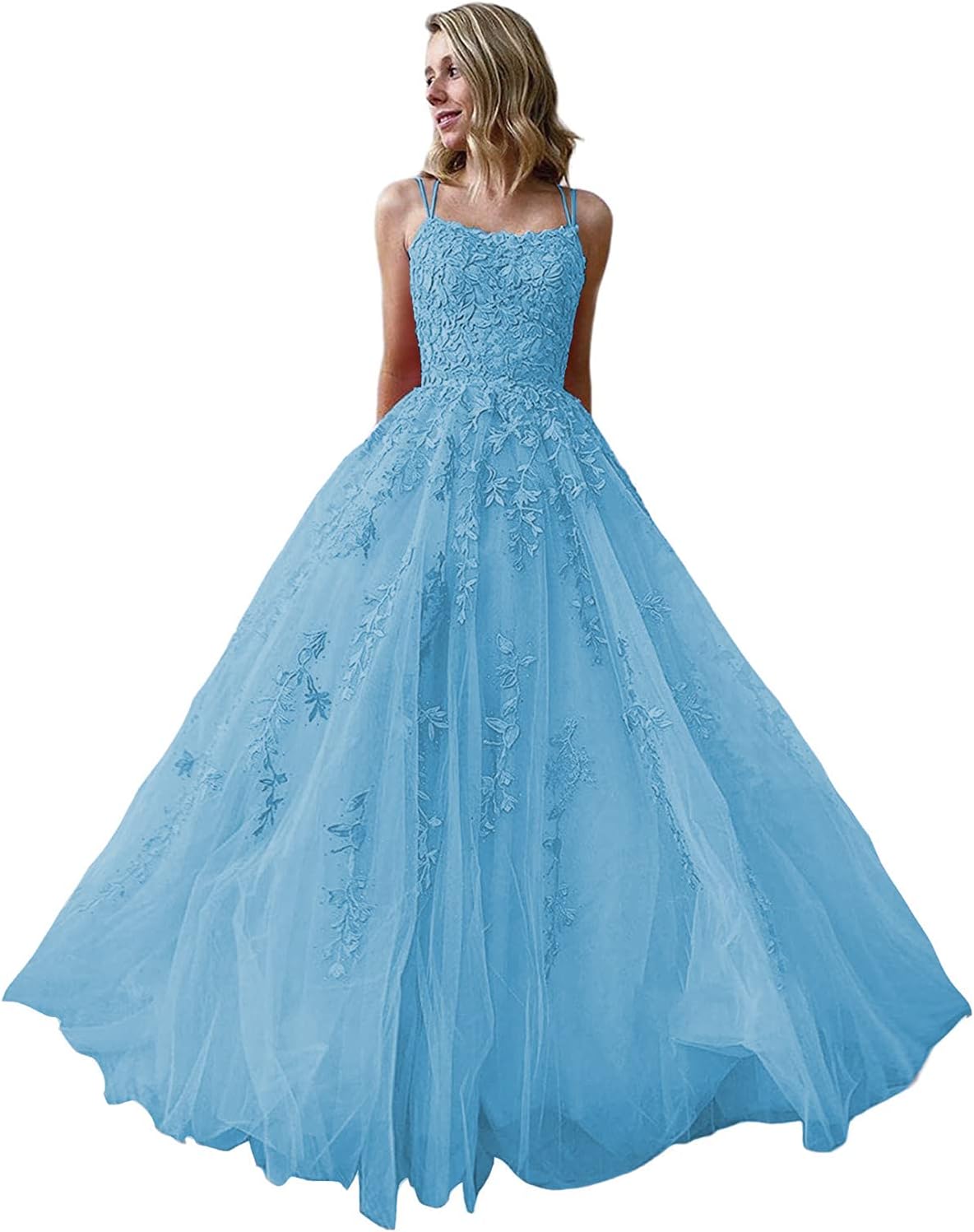 Ballkleider, langes Ballkleid für Damen, Spaghettiträger, Tüll, A-Linie, sexy, rückenfrei, formelle Partykleider mit Taschen 