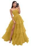 Strapless Tiered Tulle Prom Dresses for Women 2027 Long Sparkly A-Line Formal Evening Party Ball Gowns with Slit