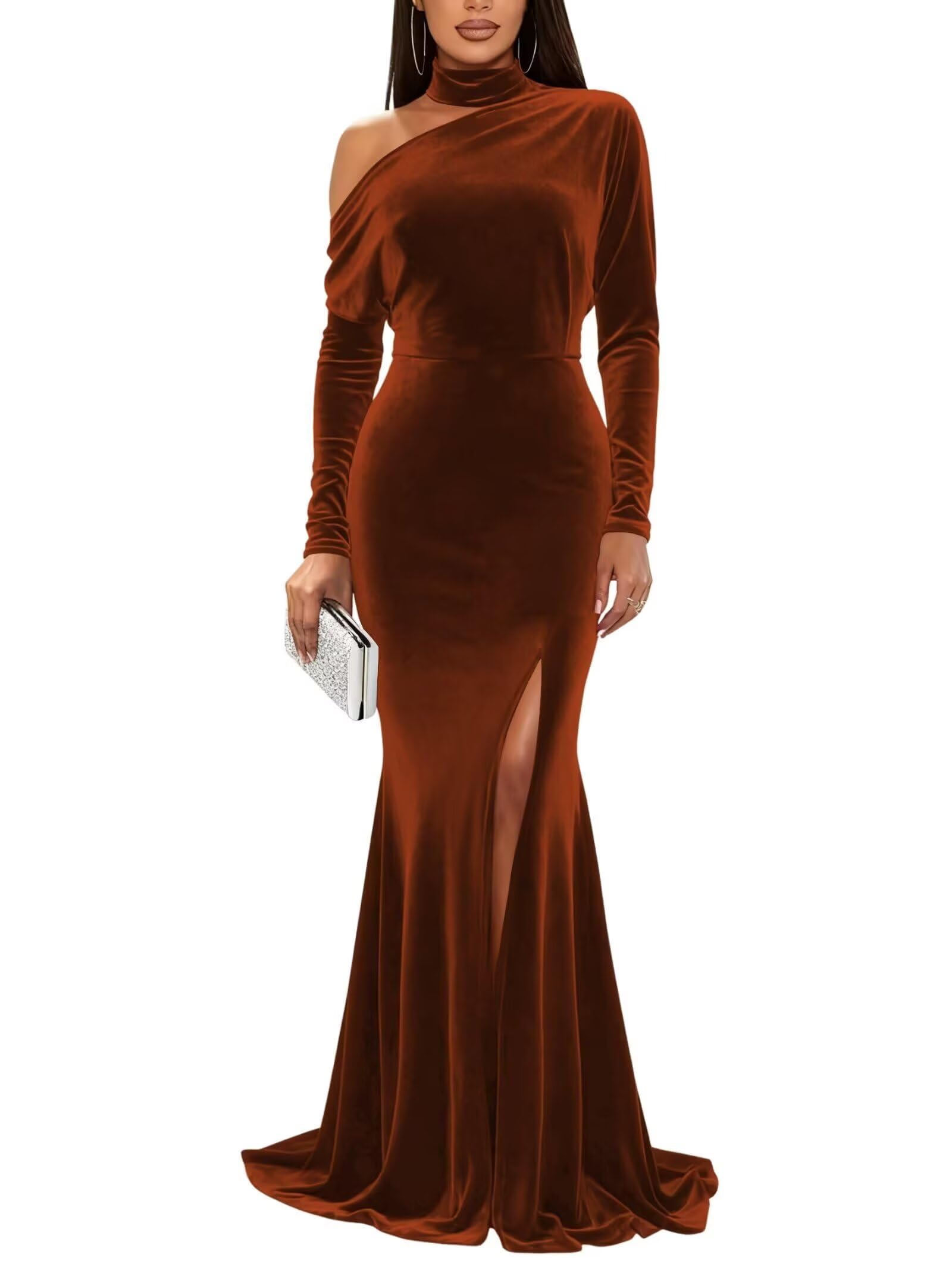 Mermaid Velvet Prom Dresses with Slit 2027 Long Sleeve Formal Dress for Women One Shoulder Evening Party Gowns
