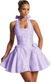 Satin Jacquard Halter Homecoming Dresses with Bow for Teens Mini A-Line Puffy Cocktail Corset Evening Party Gown