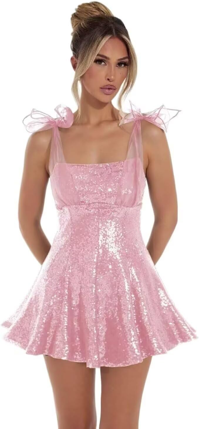 Sparkly Sequin Homecoming Dresses for Teens 2027 Spaghetti Strap Short Prom Dress with Bow Glitter Tulle Cocktail Party Gown