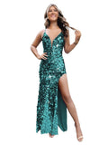 Spaghetti Straps Sequin Prom Dresses for Women Sparkly Long V Neck Mermaid Formal Evening Party Gowns with Slit