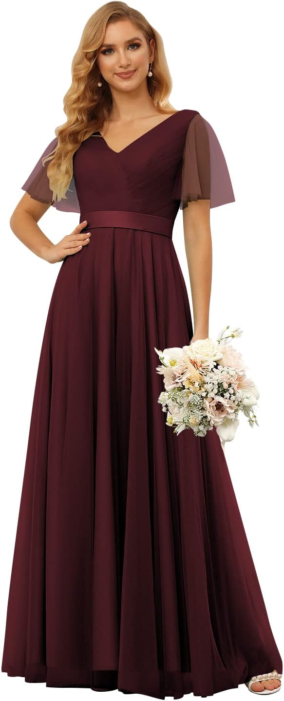 Damen Brautjungfernkleider mit Flatterärmeln, Tüll, lang, V-Ausschnitt, Empire-Taille, formelles Kleid 