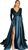 Vestido de fiesta de satén con lentejuelas brillantes para mujer, con bolsillos, manga larga y abertura. 
