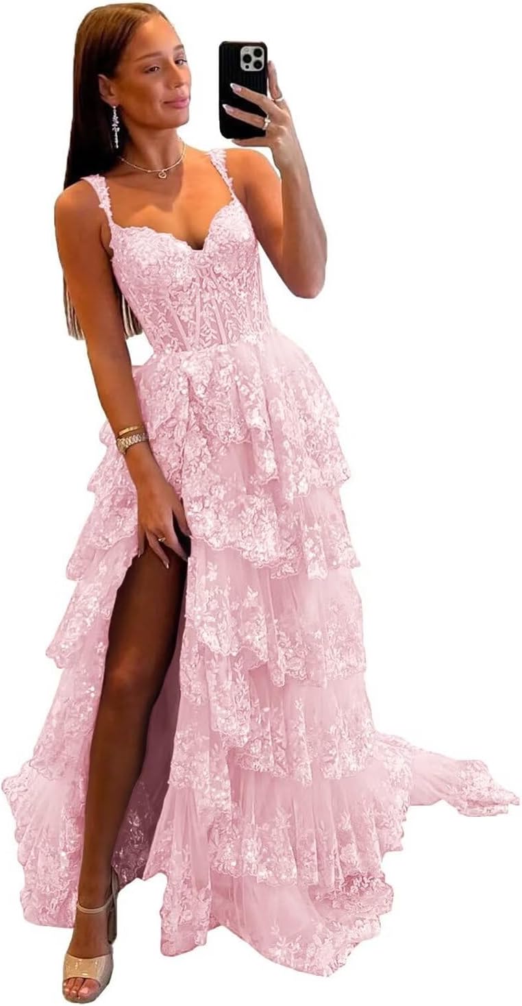 Vestido de fiesta de tul con encaje y capas, tirantes finos y abertura larga, corsé brillante, vestidos formales de fiesta de noche 