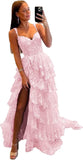 Vestido de fiesta de tul con encaje y capas, tirantes finos y abertura larga, corsé brillante, vestidos formales de fiesta de noche 