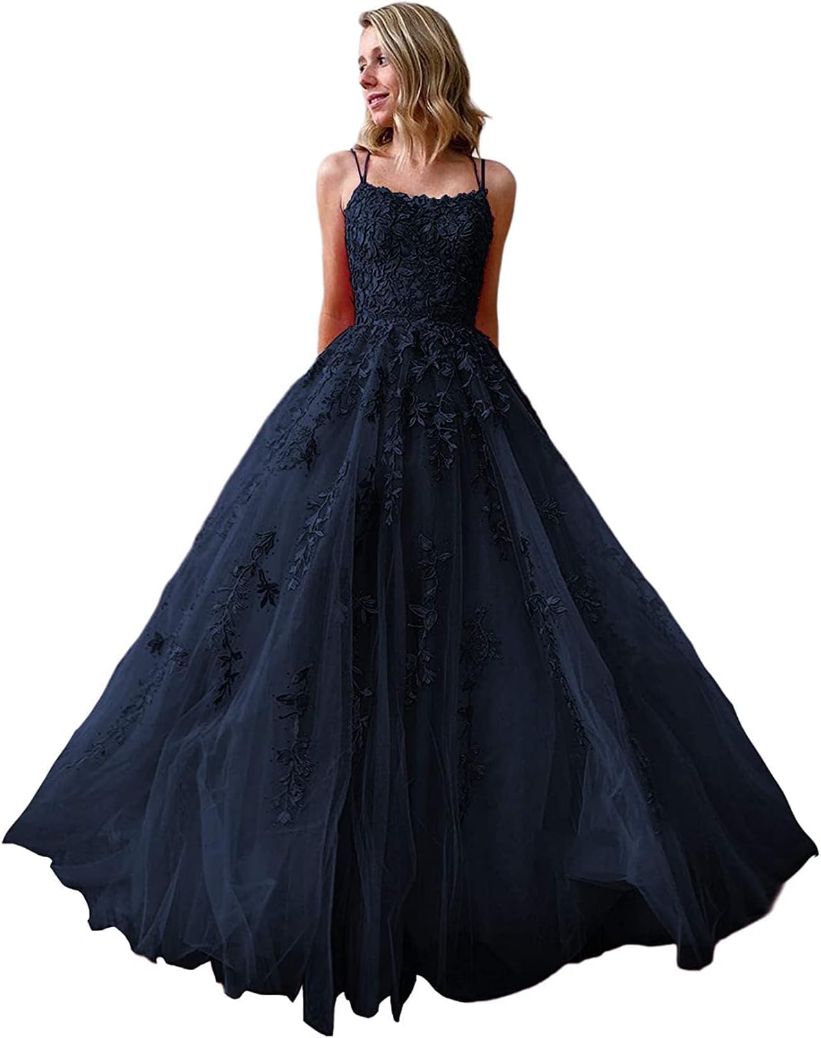 Ballkleider, langes Ballkleid für Damen, Spaghettiträger, Tüll, A-Linie, sexy, rückenfrei, formelle Partykleider mit Taschen 