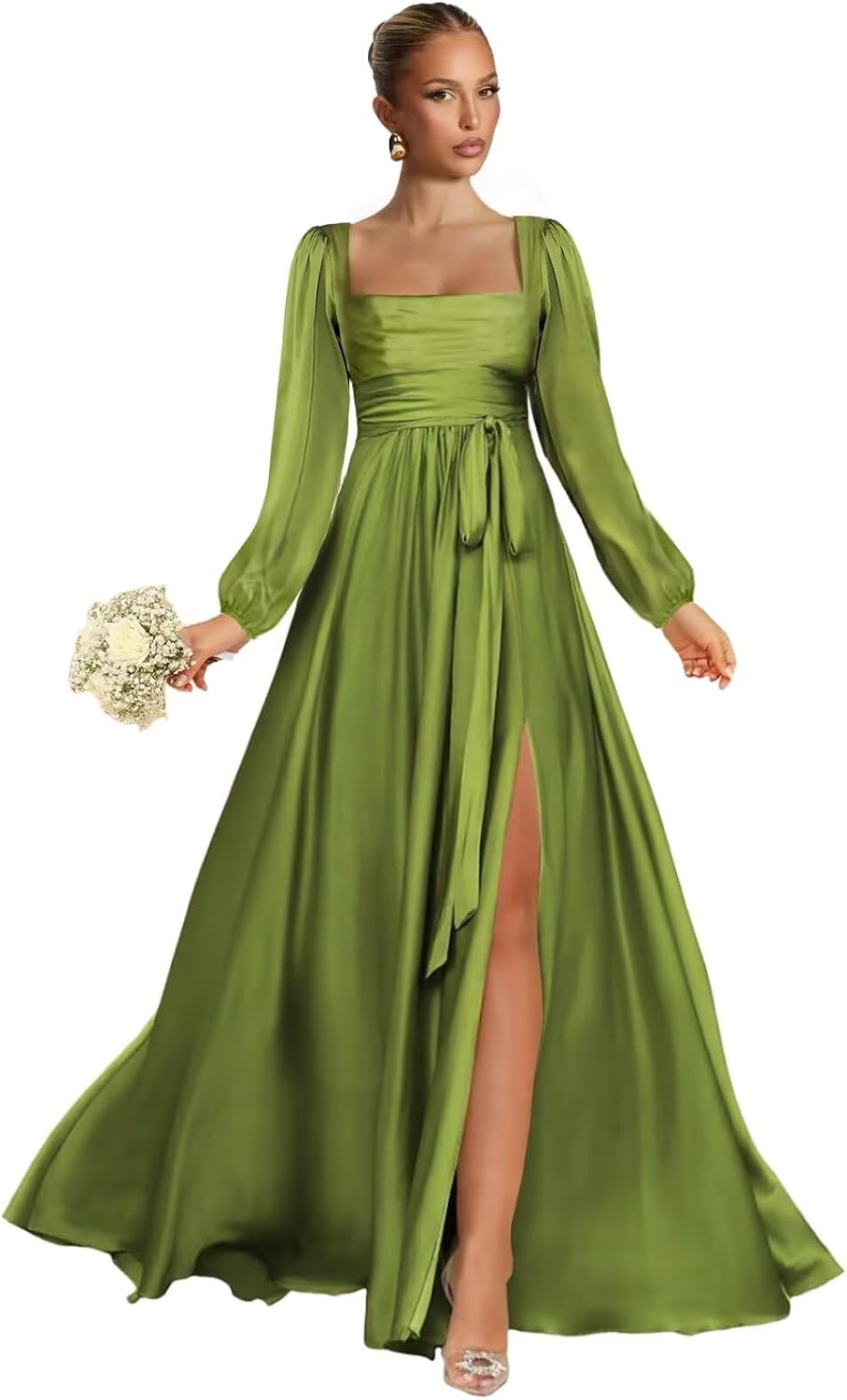 Satin Bridesmaid Dresses with Slit Long Sleeve Square Neck A Line Maxi Formal Dress