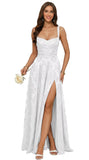 Jacquard Satin Prom Dresses with Slit Spaghetti Straps A Line Maxi Long Formal Dress