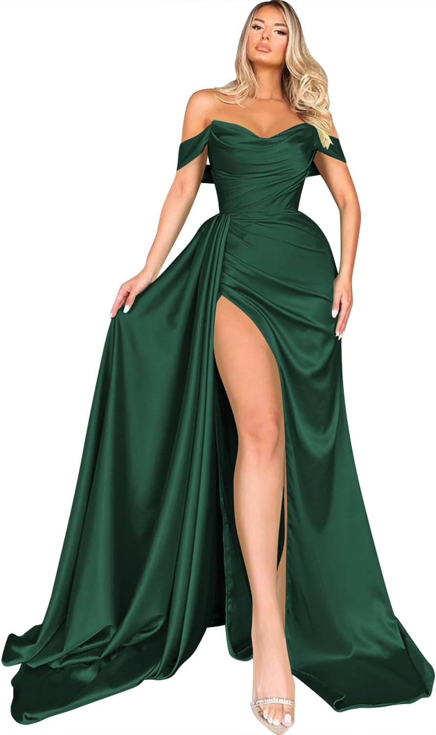Women's Off Shoulder Mermaid Prom Dresses Long with Slit Pleates Wrap Satin Formal Evening Gowns