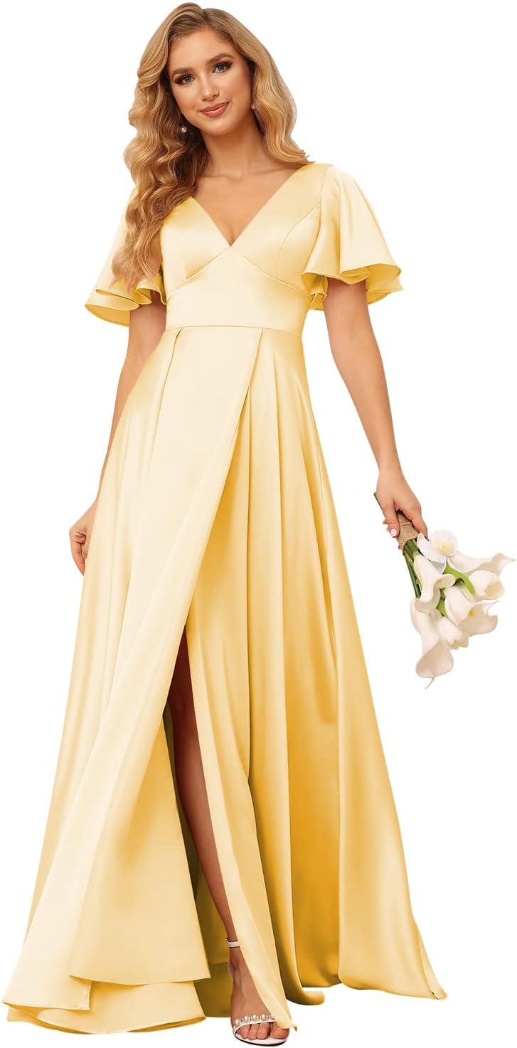 Women's V Neck Ruffle Sleeves Bridesmaid Dresses with Slit 2025 Satin A-Line Formal Evening Gowns