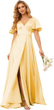 Women's V Neck Ruffle Sleeves Bridesmaid Dresses with Slit 2025 Satin A-Line Formal Evening Gowns