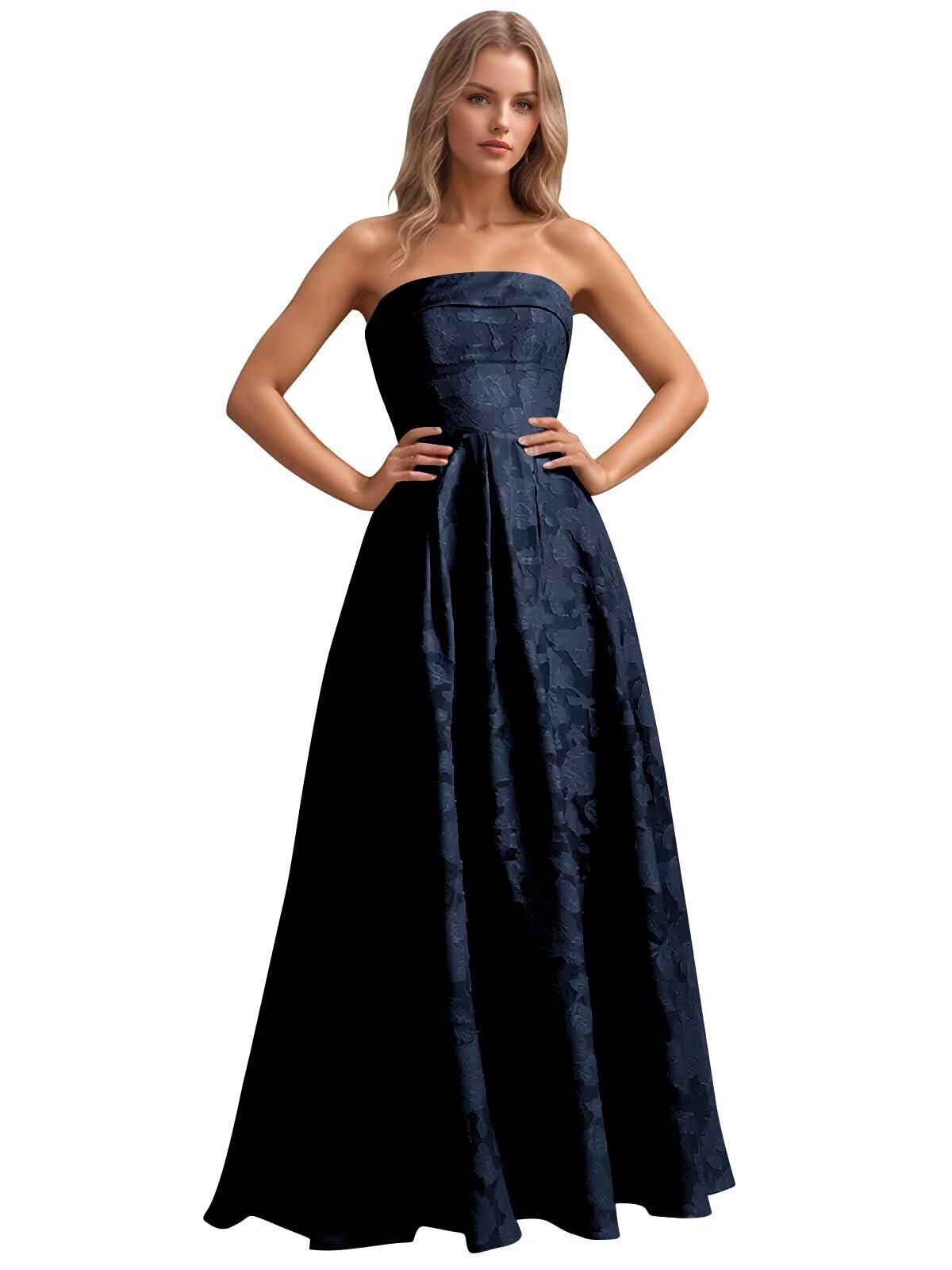 Jacquard Floral Prom Dresses Strapless Maxi Evening Gowns A-Line Ruched Formal Party Dress Elegant
