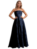 Jacquard Floral Prom Dresses Strapless Maxi Evening Gowns A-Line Ruched Formal Party Dress Elegant