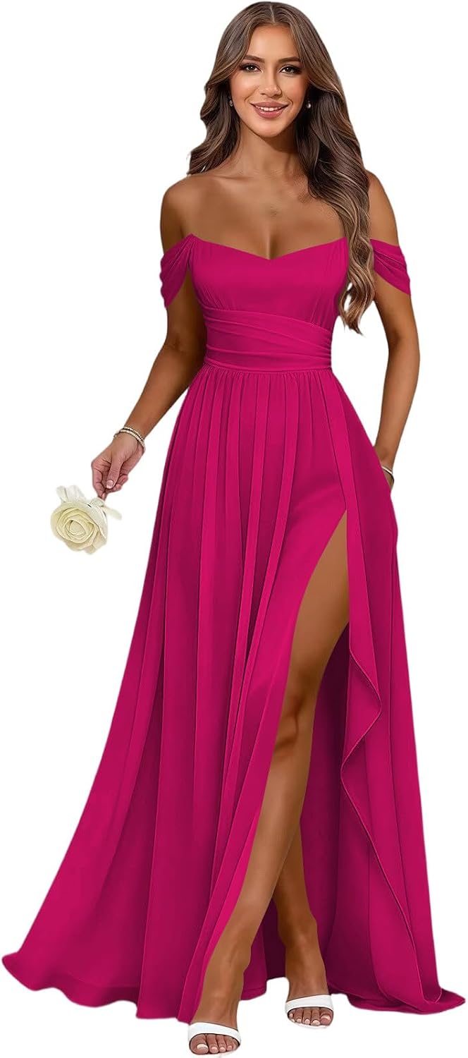 Women's Long Chiffon Bridesmaid Dresses with Slit Off Shoulder A-Line Formal Prom Evening Gown Maxi Wedding Guest Dress