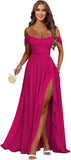 Women's Long Chiffon Bridesmaid Dresses with Slit Off Shoulder A-Line Formal Prom Evening Gown Maxi Wedding Guest Dress