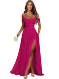 Women's Long Chiffon Bridesmaid Dresses with Slit Off Shoulder A-Line Formal Prom Evening Gown Maxi Wedding Guest Dress
