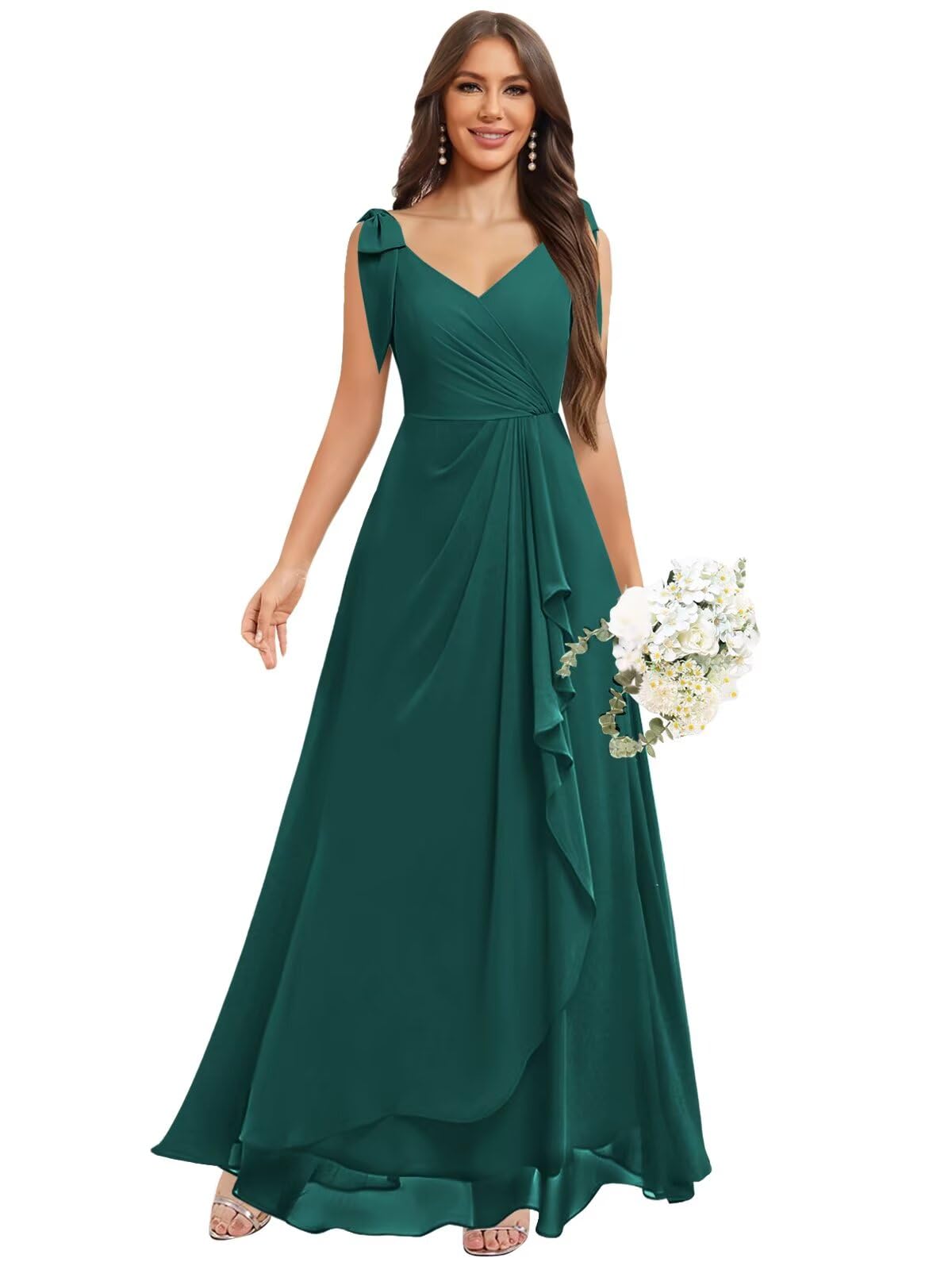 Chiffon Bridesmaid Dresses for Women Ruffles V Neck Flowy Long Formal Evening Dress with Bow
