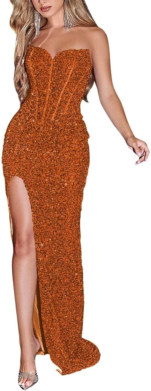Sparkly Sequin Prom Dresses for Women 2025 Long Mermaid Strapless Glitter Formal Evening Prom Ball Gown with Slit
