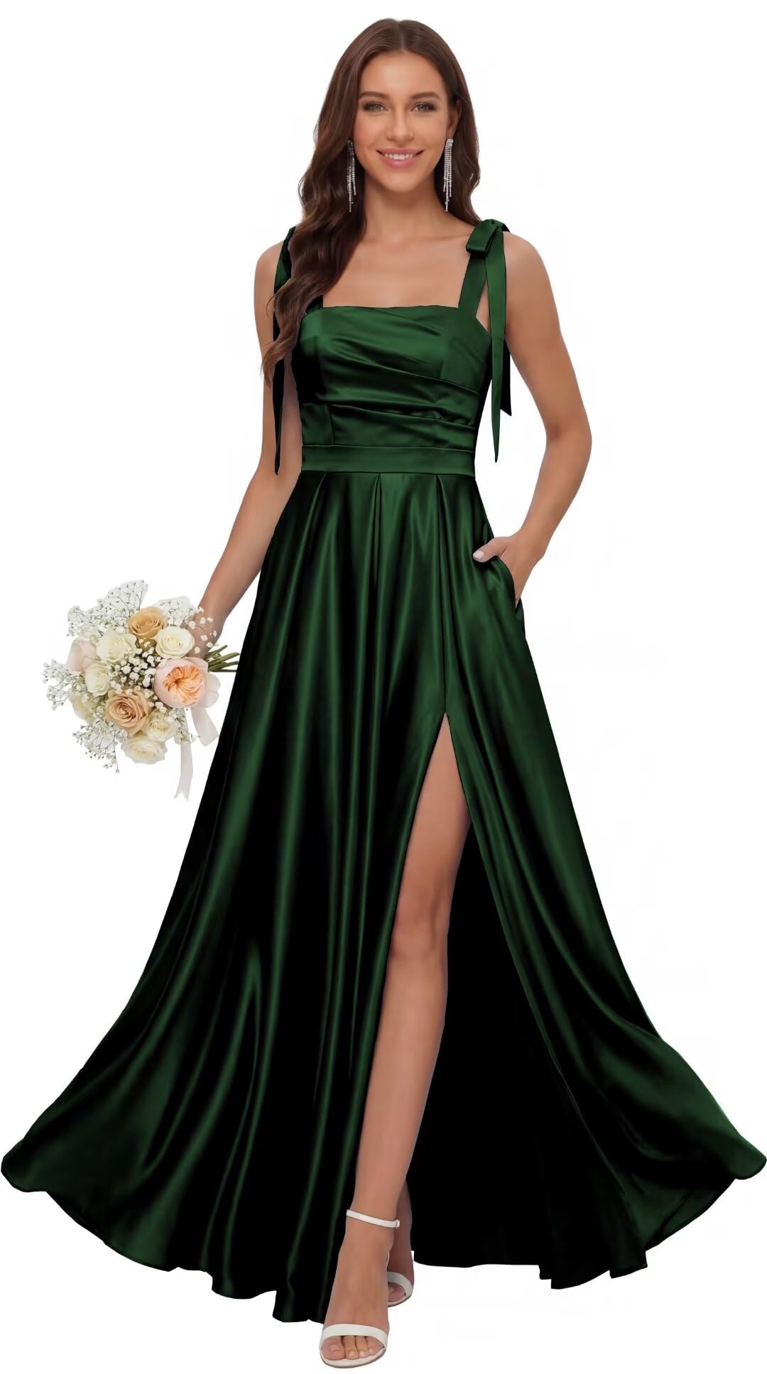 Satin Bridesmaid Dresses with Slit Spaghetti Straps Square Neck Long Formal Dress