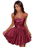 Short Satin A-Line Ruched Homecoming Dresses for Teens Strapless Ruched Mini Formal Cocktail Party Dress