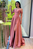 Schulterfreies Satin-Ballkleid, herzförmiger Ausschnitt, formelles Kleid, A-Linie, Abendkleid mit Schlitz 