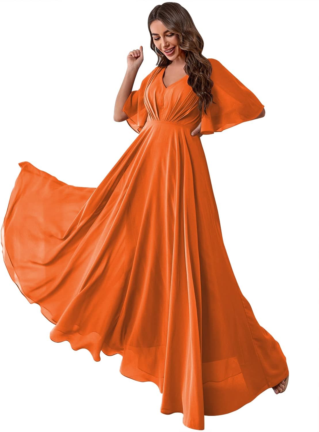 Women's Batwing Sleeve Chiffon Bridesmaid Dresses with Pockets V Neck Long Formal Evening Dress