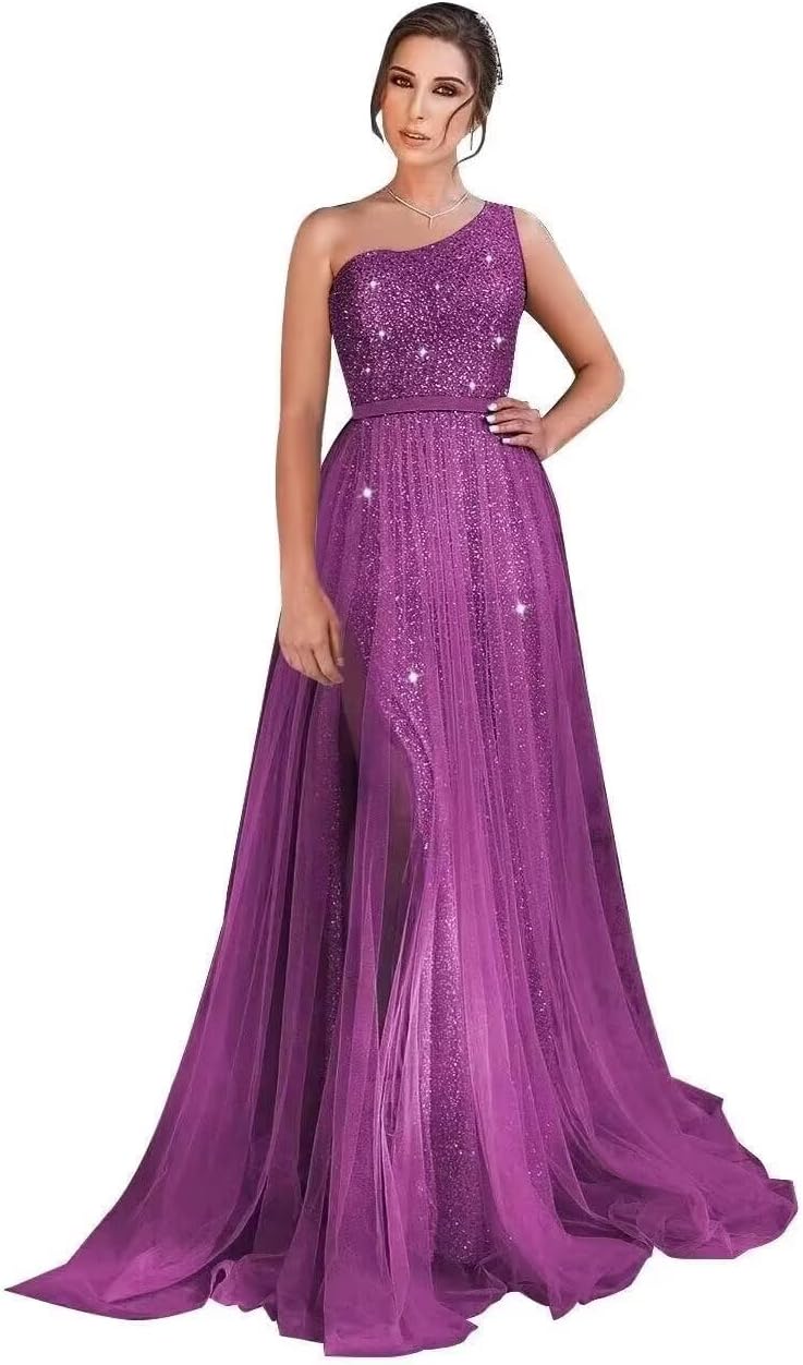One Shoulder Sequin Prom Dress Long A-Line Tulle Formal Evening Gowns for Women 2027