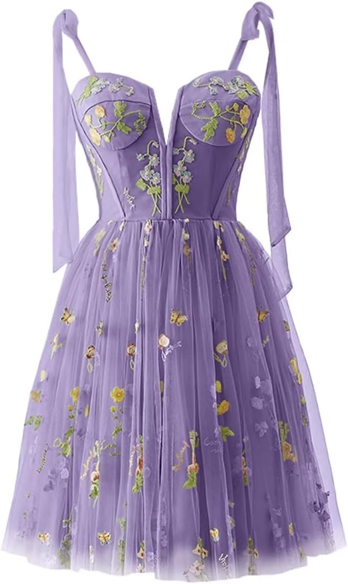 Vestidos de fiesta para mujer, con tirantes finos, cortos, bordados de flores, tul, vestidos formales 