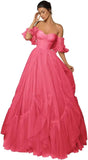 A-line Ruffled Short Sleeve Tulle Prom Dress for Women, Sweetheart Formal Gown Off The Shoulder Long Party Dress