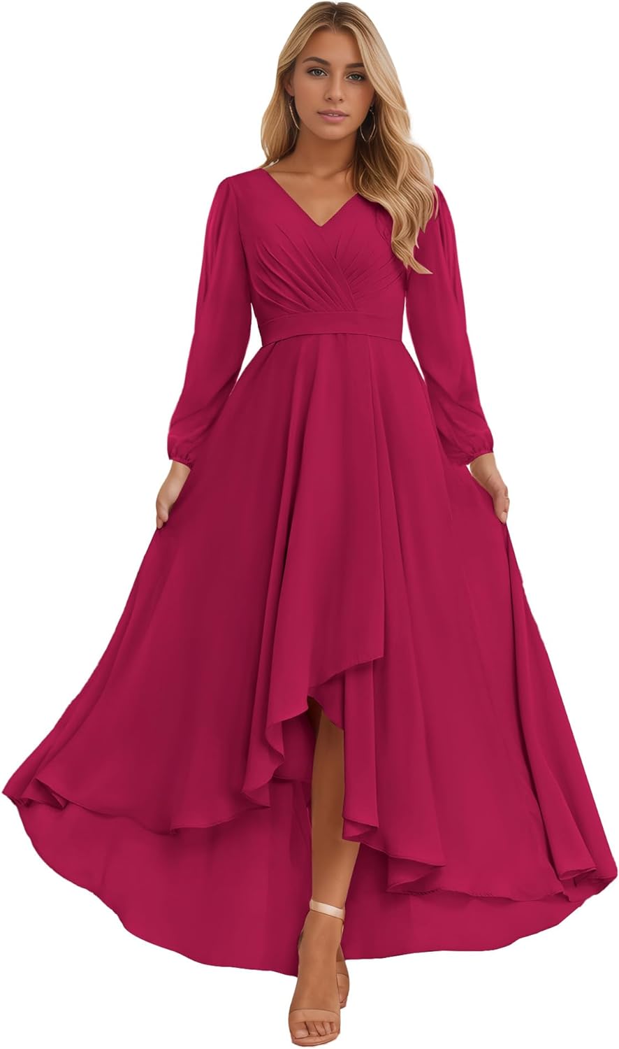 Long Sleeve Bridesmaid Dresses for Women 2025 V Neck Ruched Chiffon Formal Dress