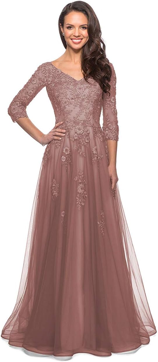 Women's Floral Lace Appliques 3/4 Sleeve Mother of The Bride Dresses Long V Neck Formal Dresses with Pockets
