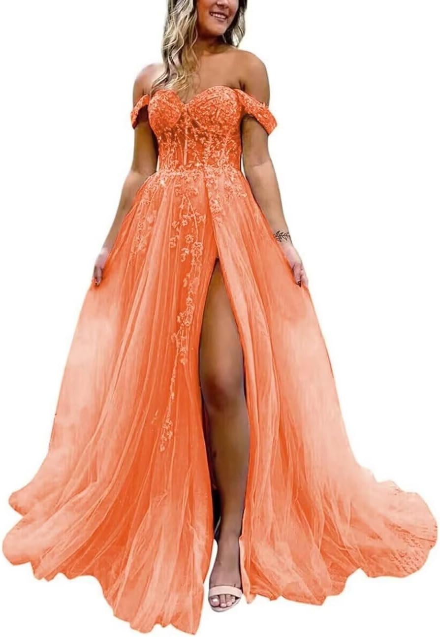 Off The Shoulder Tulle Prom Dress with Laces Applique A-line Slit Long Ball Gowns Glitter Formal Evening Dress