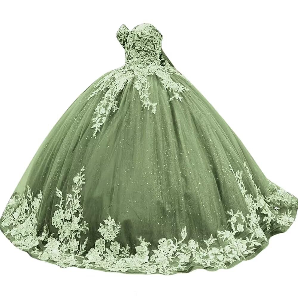 Sparkly Tulle Sweet 15 16 Quinceanera Dress Lace 3D Floral Ball Gown Strapless Puffy Prom Formal Gown