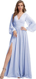 Womens V-Neck Long Sleeve Bridesmaid Dresses with Slit 2024 Ruched A-line Chiffon Prom Formal Dresses