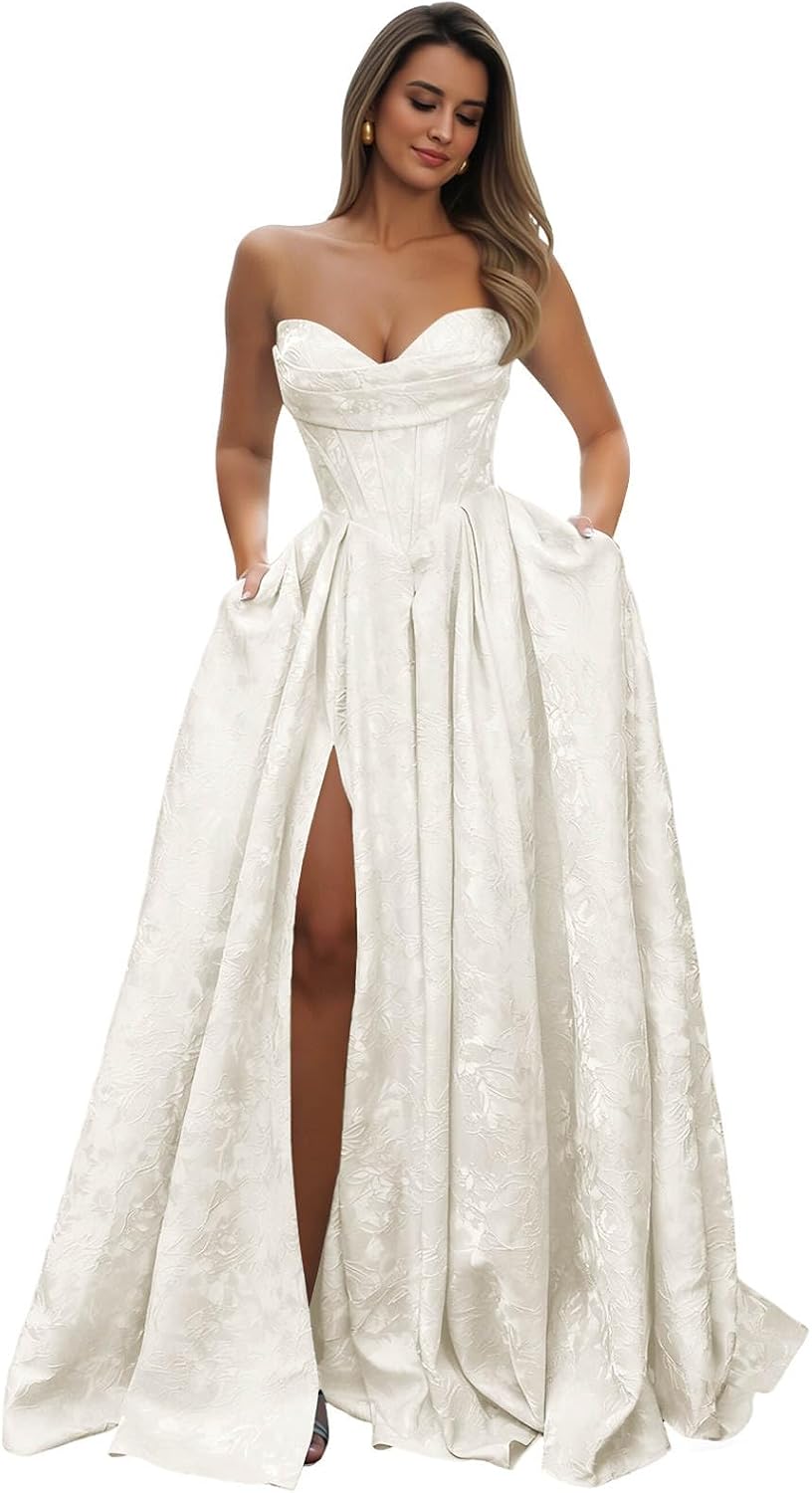 Strapless Prom Dress Jacquard Satin Ball Gown Pleated A Line Long Corset Formal Evening Dresses with Slit Pockets