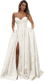 Strapless Prom Dress Jacquard Satin Ball Gown Pleated A Line Long Corset Formal Evening Dresses with Slit Pockets