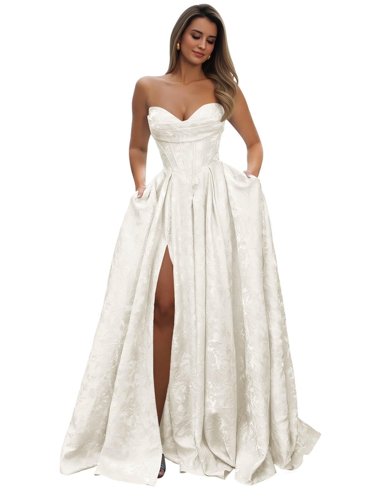 Strapless Prom Dress Jacquard Satin Ball Gown Pleated A Line Long Corset Formal Evening Dresses with Slit Pockets